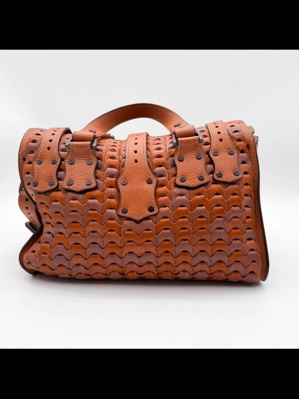 Mulberry Tan Leather Buckle-Front Braided Satchel - Picture 4 of 12